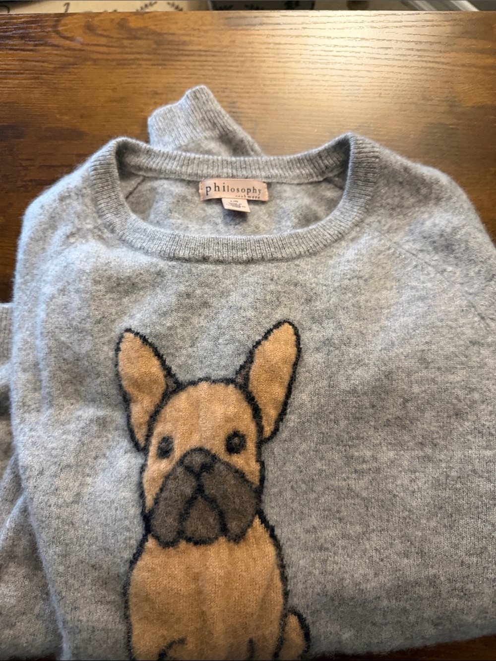 Philosophy Gray 100% Cashmere French Bulldog Sweater Dog Critter Kawaii Sz L